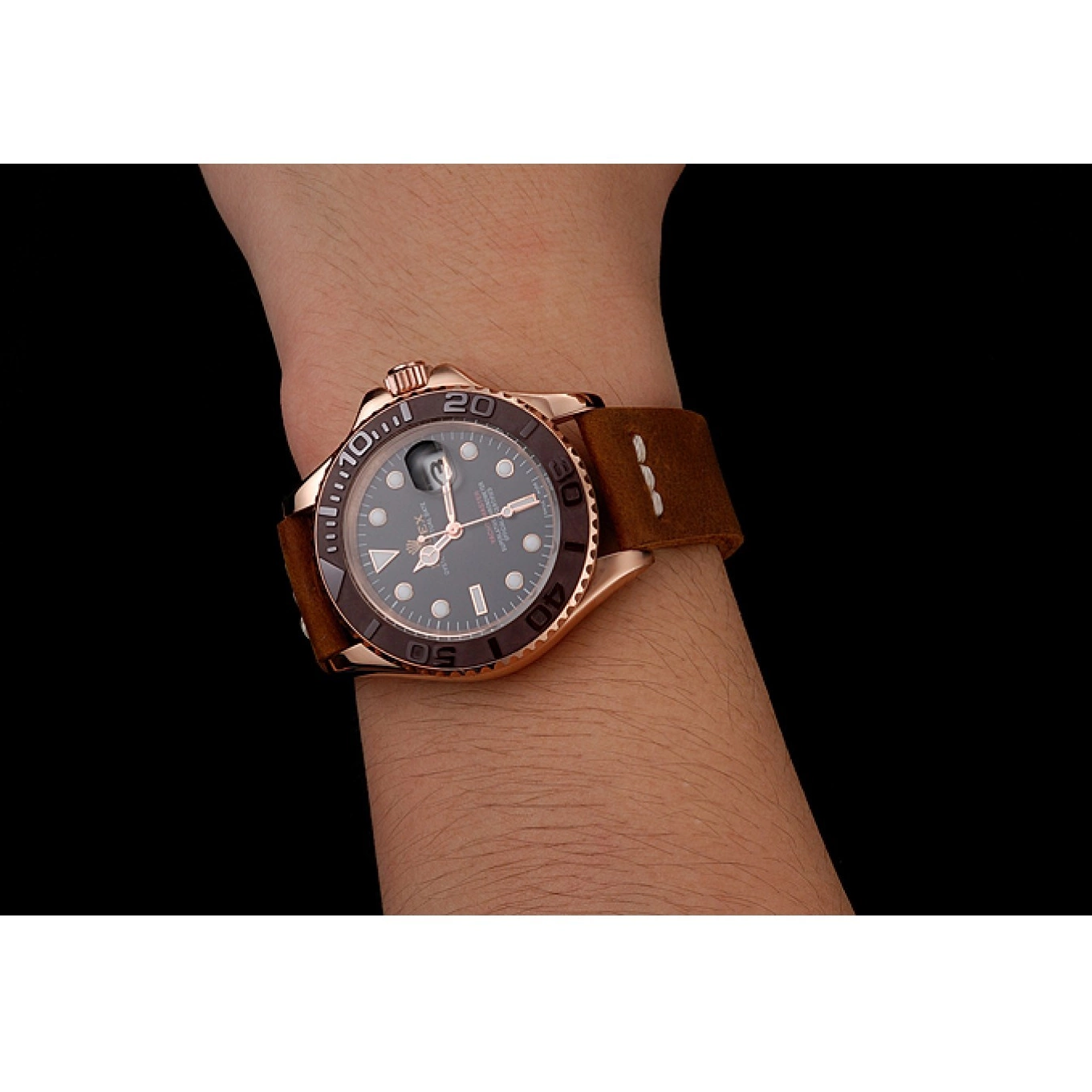 Aaa replica watch Dial 1453860 Bezel Rolex Leather Gold Brown Brown Black Case Yacht Rose Bracelet Master 0713
